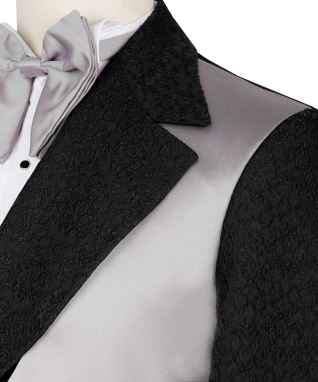 KOSS ATELIER gray and black double-breasted tuxedo close up showing textured black lapel satin gray body and gray bow tie