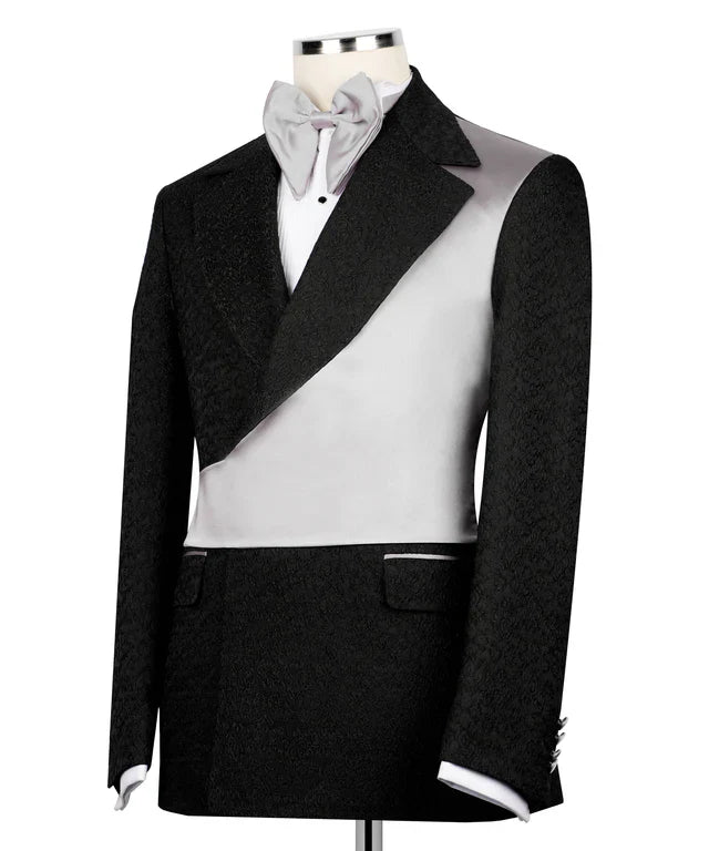KOSS ATELIER gray and black double-breasted tuxedo with gray satin panel textured black wool and bow tie
