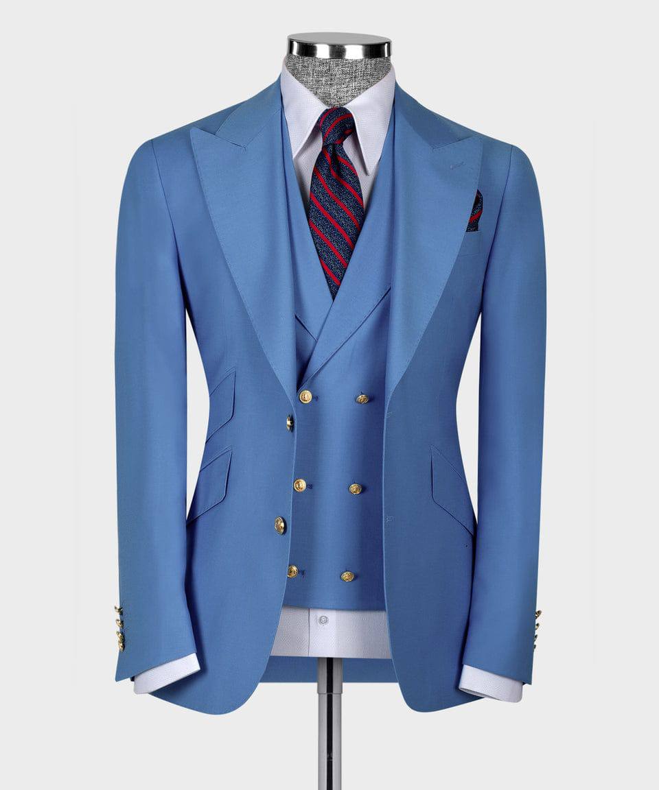 KOSS ATELIER men's blue three-piece suit on mannequin tailored blazer double-breasted waistcoat gold buttons