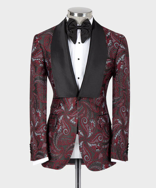 KOSS ATELIER Rose Black Tuxedo with paisley pattern and black satin lapels paired with white dress shirt and black bow tie