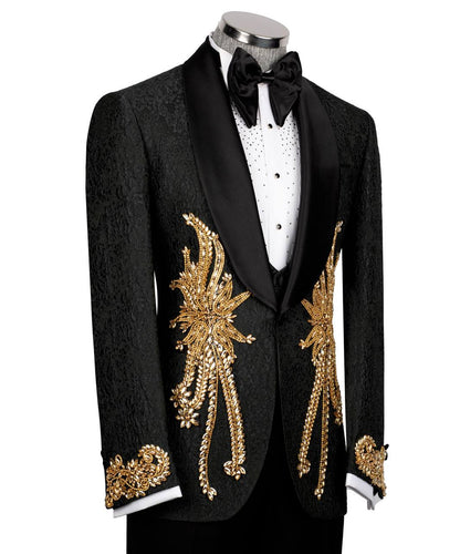 KOSS ATELIER black tuxedo jacket with satin shawl lapel and ornate gold embroidery gold embroidered tuxedo for men