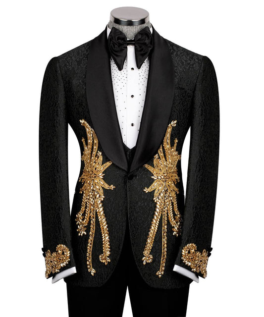 KOSS ATELIER black tuxedo jacket with ornate gold embroidery and satin shawl lapel gold embroidered tuxedo for men