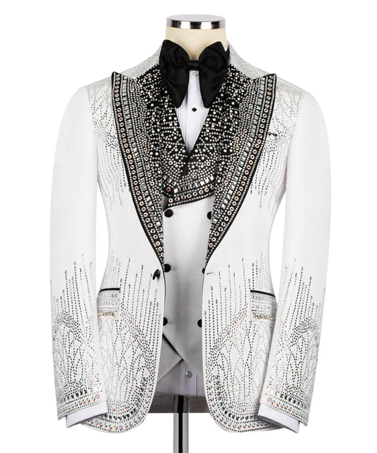 handmade silver tuxedo for men by KOSS ATELIER white jacket with black jeweled lapel bow tie and vest