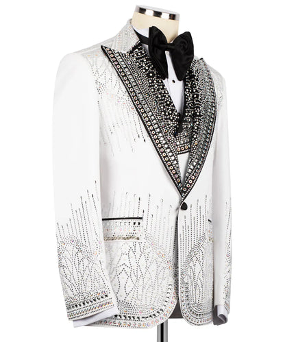 KOSS ATELIER handmade silver tuxedo for men white embellished jacket with black crystal shawl lapel and bow tie