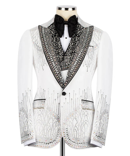 KOSS ATELIER handmade silver tuxedo for men white embellished jacket with black jeweled shawl lapel and bow tie