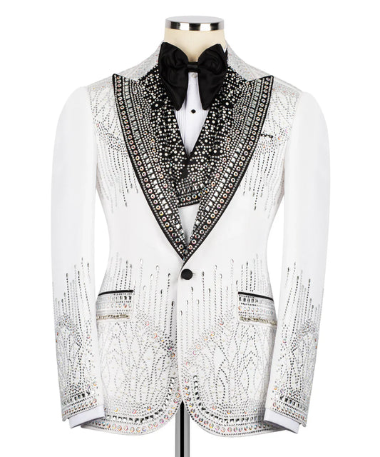 KOSS ATELIER handmade silver tuxedo for men white embellished jacket with black jeweled shawl lapel and bow tie