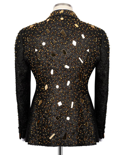 KOSS ATELIER handmade black and gold tuxedo jacket back view with beaded texture and gold mirror embellishments