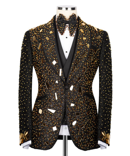 handmade black and gold tuxedo by KOSS ATELIER ornate beaded jacket with gold mirror embellishments