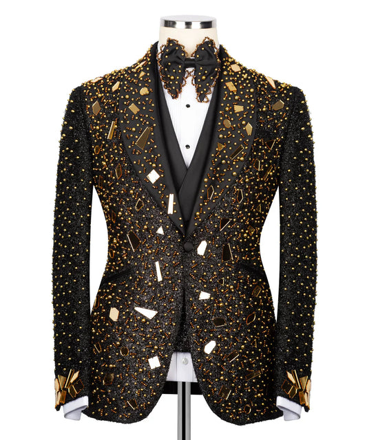 handmade black and gold tuxedo by KOSS ATELIER ornate beaded jacket with gold mirror embellishments