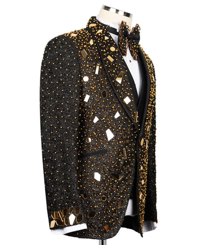 KOSS ATELIER handmade black and gold tuxedo jacket with intricate beading mirrors and bow tie