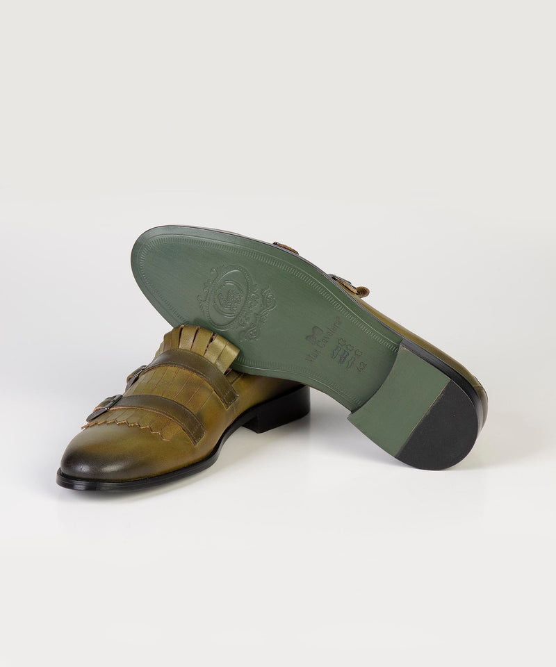 Olive Green Double Monk Strap Leather Loafers