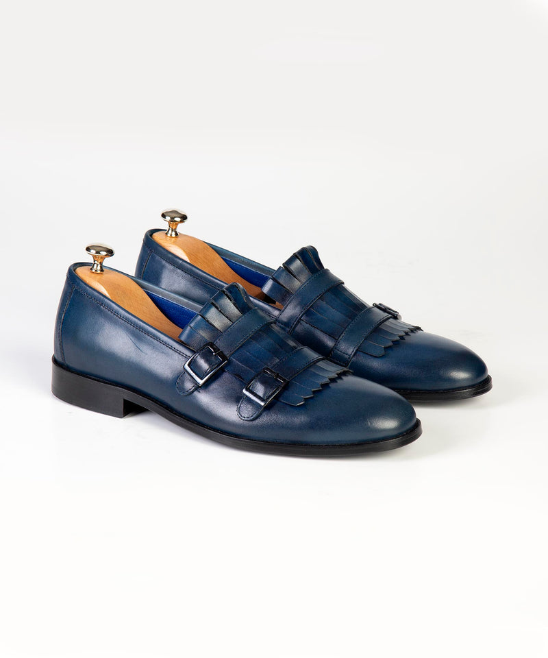 Navy Blue Double Monk Leather Loafer shoe