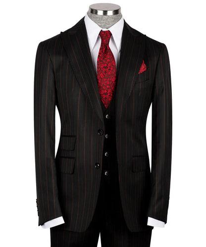 KOSS ATELIER black and red pinstripe suit on mannequin with white shirt red patterned tie and pocket square