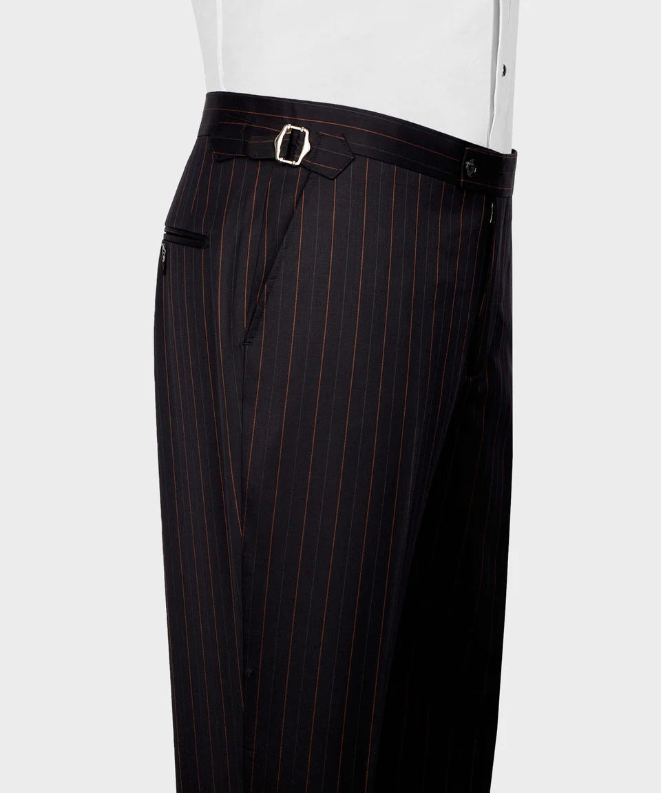 KOSS ATELIER tailored black and red pinstripe suit trousers with side adjuster buckle and zip pocket