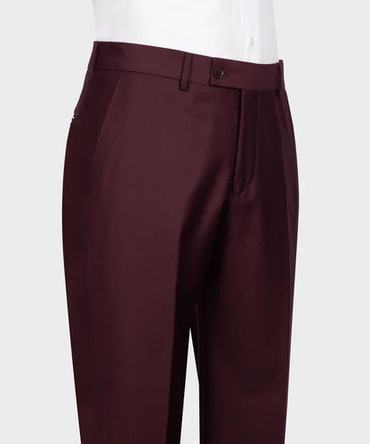 KOSS ATELIER burgundy double breasted tuxedo trousers shown with white dress shirt