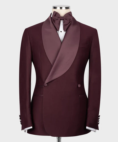 KOSS ATELIER burgundy double breasted tuxedo with satin shawl lapel and matching bow tie on mannequin