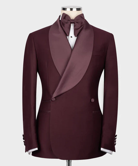 KOSS ATELIER burgundy double breasted tuxedo with satin shawl lapel and matching bow tie on mannequin