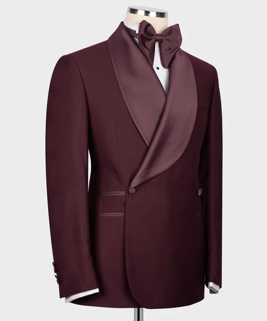 KOSS ATELIER burgundy double breasted tuxedo jacket with satin shawl lapels and matching bow tie