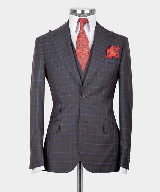 KOSS ATELIER slate brown windowpane suit jacket on mannequin with white shirt red patterned tie and pocket square