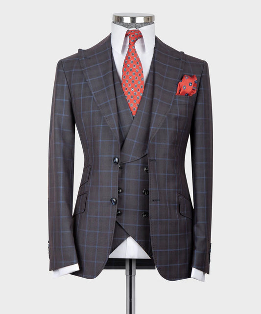 KOSS ATELIER slate brown windowpane suit three piece displayed on mannequin with white shirt red tie pocket square