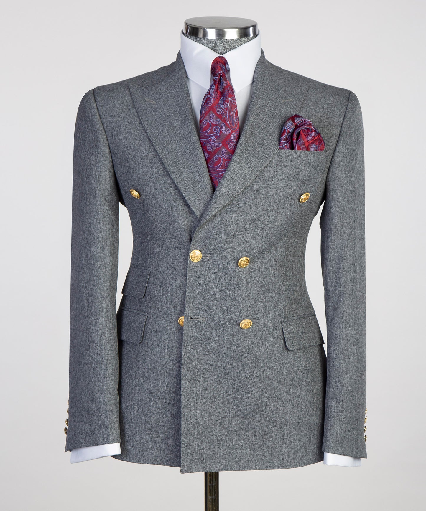 KOSS ATELIER tailored gray Double-Breasted Suit with gold buttons and stylish pocket square