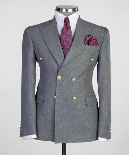 KOSS ATELIER tailored gray Double-Breasted Suit with gold buttons and stylish pocket square