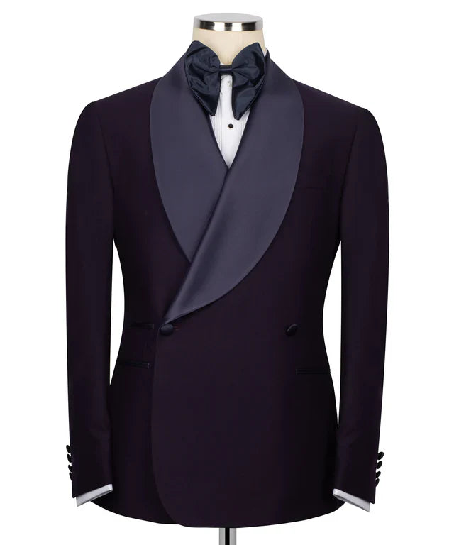 KOSS ATELIER dark purple double breasted tuxedo jacket with satin shawl lapel black bow tie on mannequin
