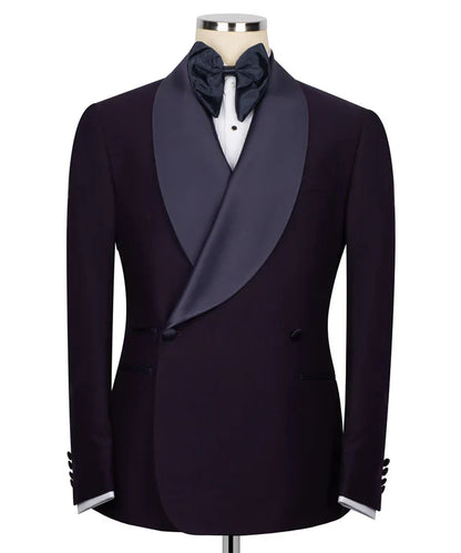 KOSS ATELIER dark purple double breasted tuxedo jacket with satin shawl lapel black bow tie on mannequin