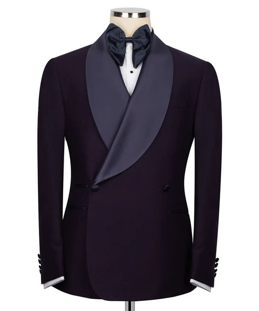 KOSS ATELIER dark purple double breasted tuxedo jacket with satin shawl lapel black bow tie on mannequin