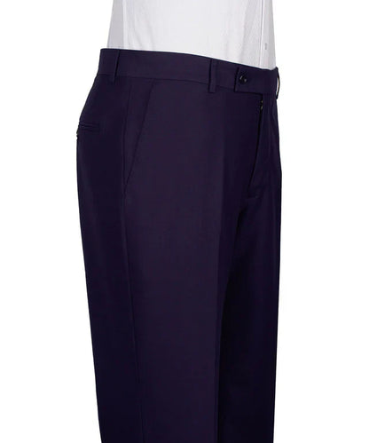 KOSS ATELIER dark purple double breasted tuxedo trousers on mannequin with flat front and side pockets