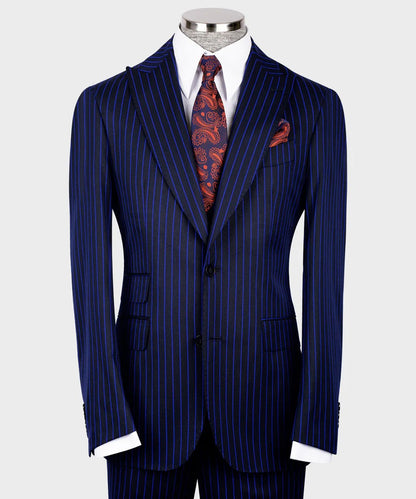KOSS ATELIER navy royal blue pinstripe suit on mannequin with white shirt paisley tie and pocket square