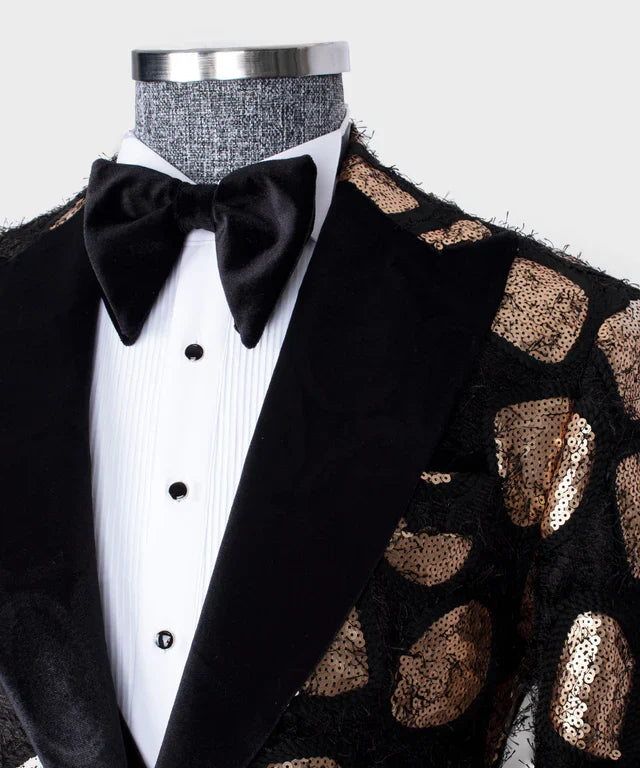 KOSS ATELIER Velvet Tuxedo Copper with black velvet lapel and sequined copper pattern jacket