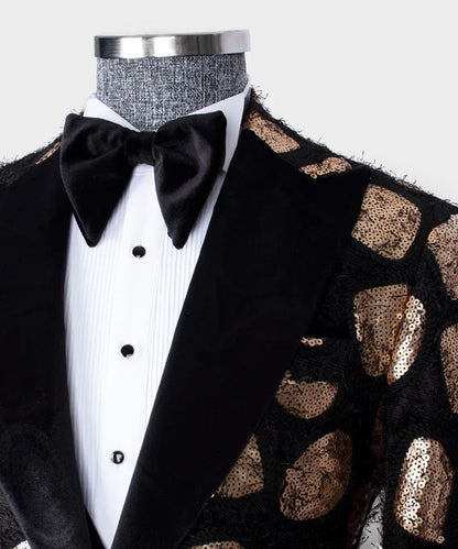 KOSS ATELIER Velvet Tuxedo Copper with black velvet lapel and sequined copper pattern jacket