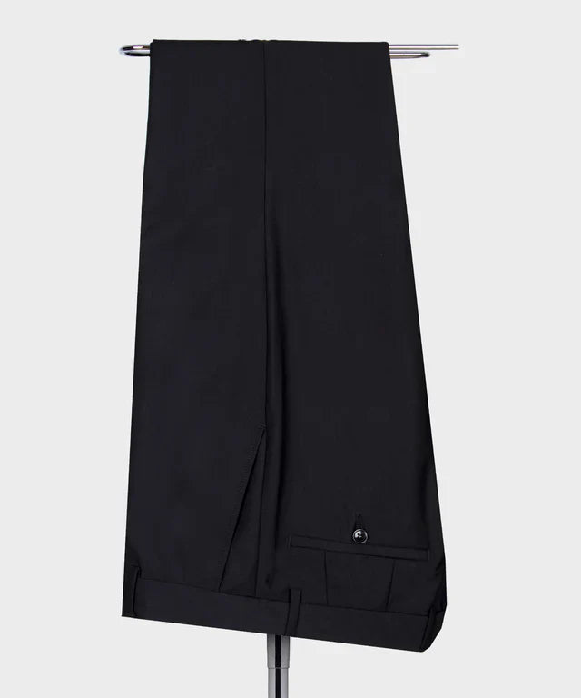 KOSS ATELIER Velvet Tuxedo Copper black tailored dress pants hanging on stand