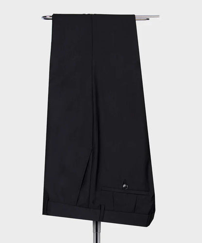 KOSS ATELIER Velvet Tuxedo Copper black tailored dress pants hanging on stand