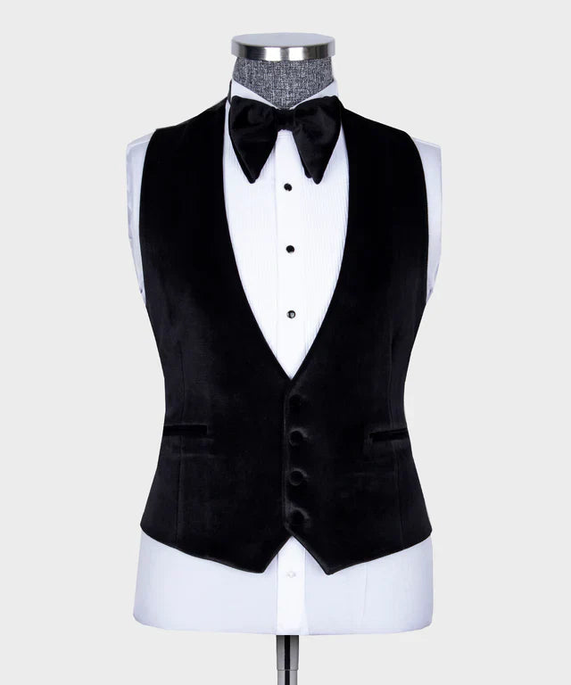 KOSS ATELIER Velvet Tuxedo Copper black velvet vest with bow tie on dress form