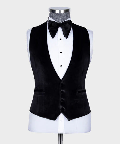 KOSS ATELIER Velvet Tuxedo Copper black velvet vest with bow tie on dress form