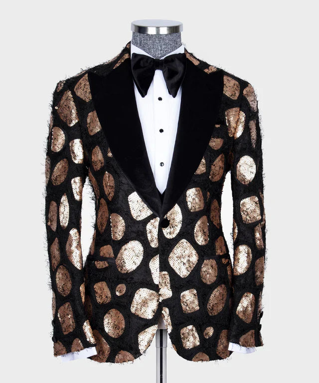 KOSS ATELIER Velvet Tuxedo Copper jacket with black velvet lapels and copper metallic pattern