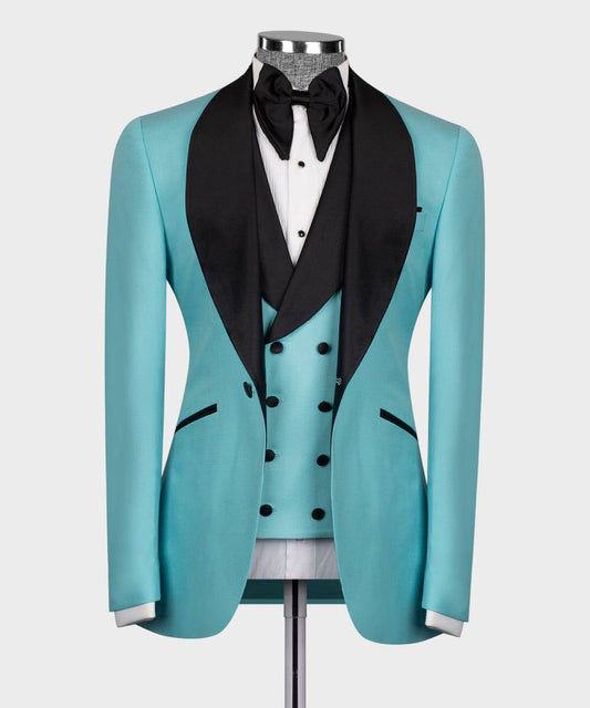 KOSS ATELIER Azure Noire Tuxedo with turquoise jacket and black satin lapels styled with bow tie