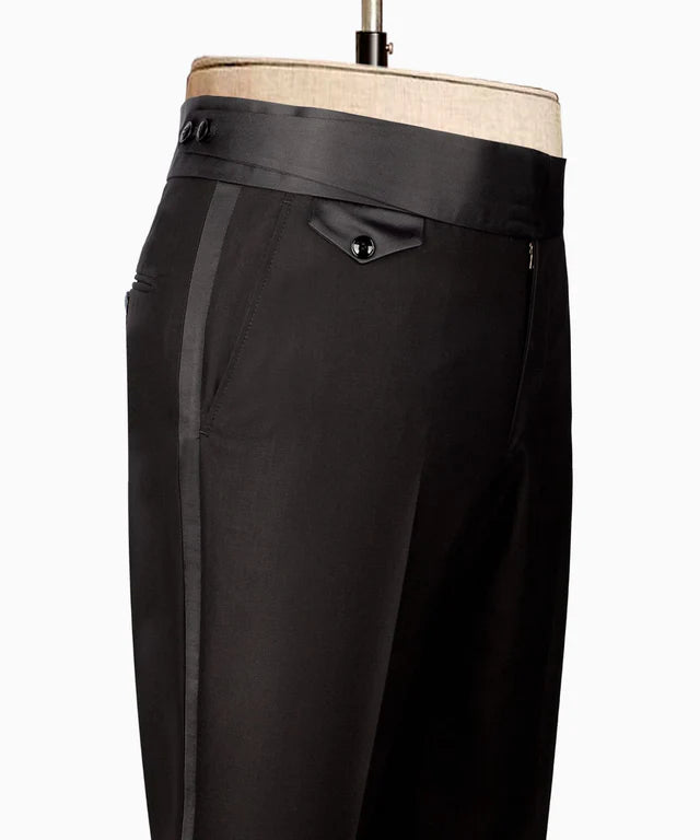 Black tuxedo pants with satin waistband and side stripes from KOSS ATELIER White Lace Tuxedo collection