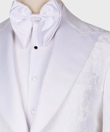 KOSS ATELIER white lace tuxedo with satin lapel and matching bow tie close-up