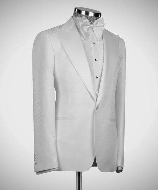 KOSS ATELIER White Tuxedo with Satin Peak Lapels displayed on mannequin with bow tie